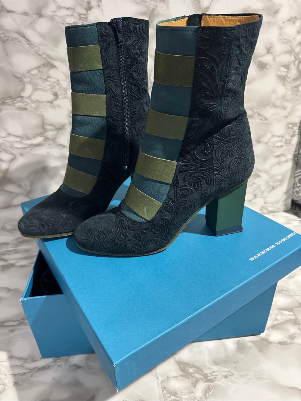 John Fluevog - Debra Teal and Olive Striped Mid-Heel Boots